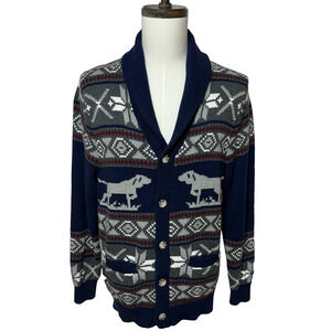 Club Room Cardigan Large Blue Gray Nordic Fair Isle Pointer Dogs Shawl Collar